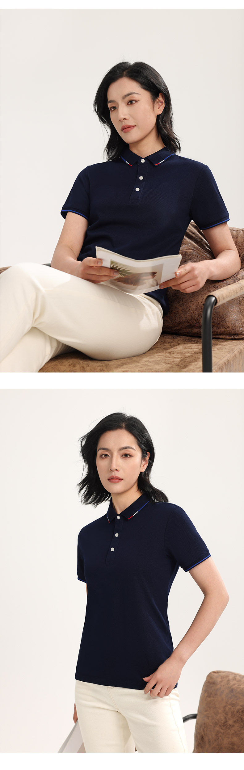 21012女款-195克32S-60%棉+40%纤维冰丝｜条纹（单杠红白蓝）-7色 Polo衫 细节展示 paidai